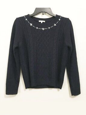 Japan Deep Blue Cable Knit Jeweled Glamour Sweater - Size M